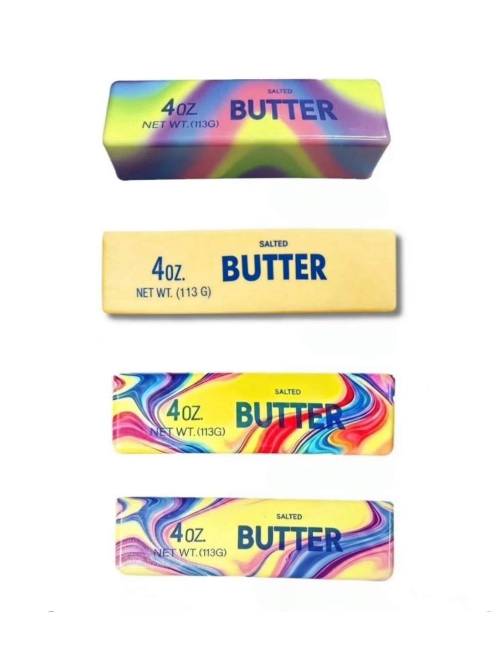 4x Butter Stick Squishy Toys - Yellow & Tie Dye Design